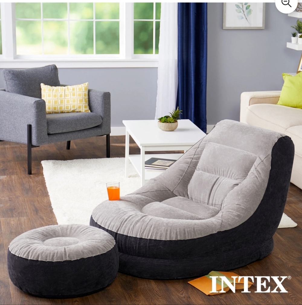 Intex 68564E Inflatable Ultra Lounge Chair With Cup Holder And Ottoman Set, Gray